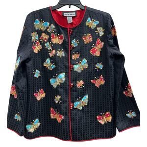Indigo Moon textured sequin embellished butterfly VTG quilted jacket sz XS
